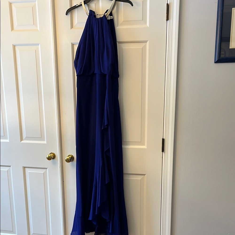 Eliza J Blue High Low Gown Sleeveless Halter Prom Dress